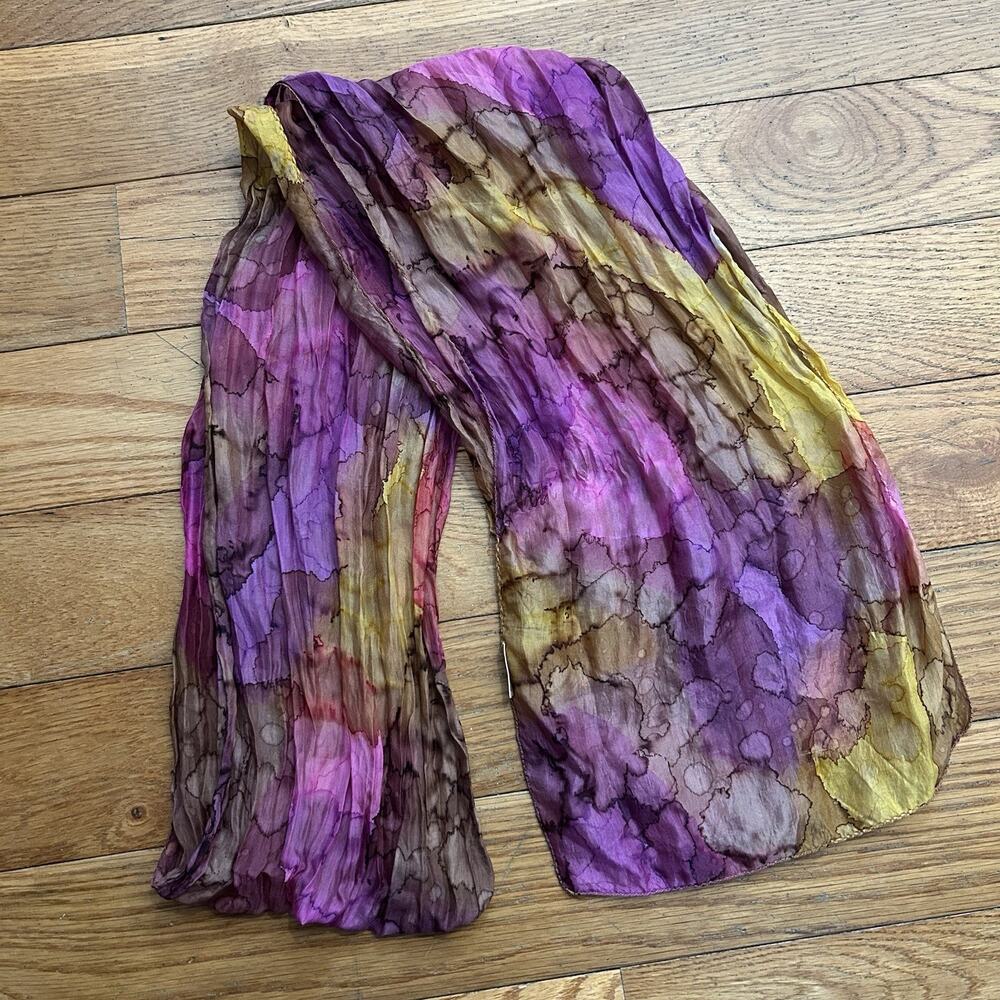 Vintage 70s 100% Silk Watercolor Pattern Long Scarf 9x66”